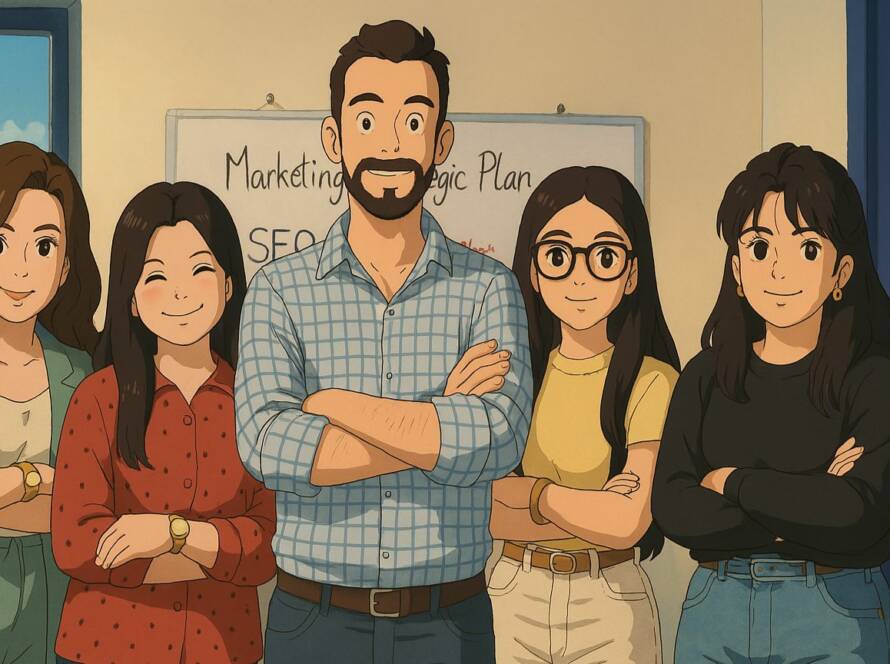 Studio Ghibli-style image of a team created using ChatGPT image generation