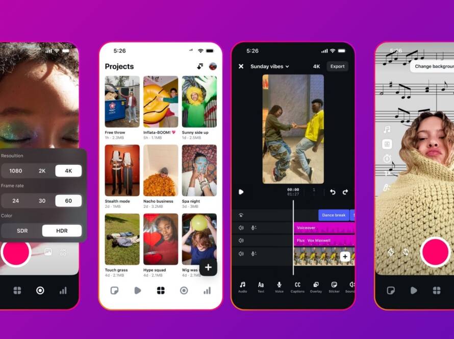 Mobile interface of Meta’s Edits App featuring AI tools like resolution control, smart templates, gesture edits, and social content creation.