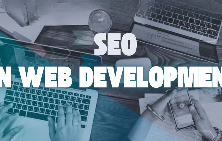A laptop workspace with SEO in Web Development text overlay, representing a comprehensive guide to improving website performance and search rankings.