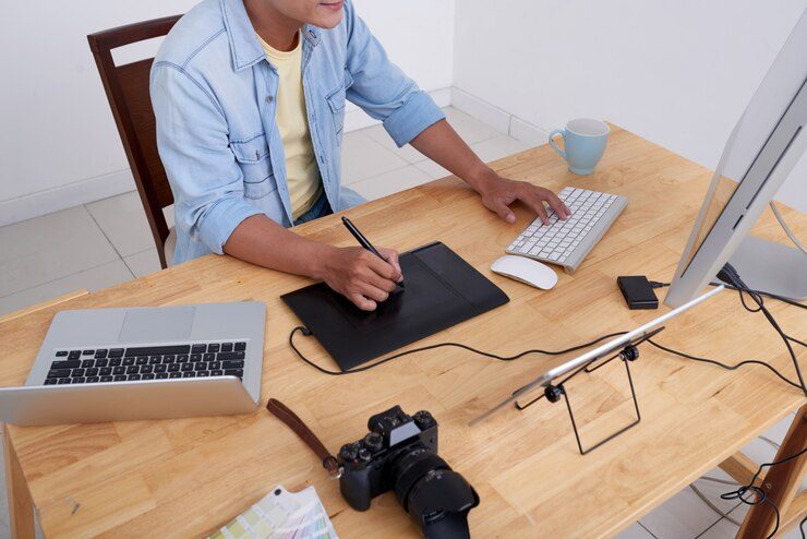 Man compressing images on desktop for picture optimization from professional camera