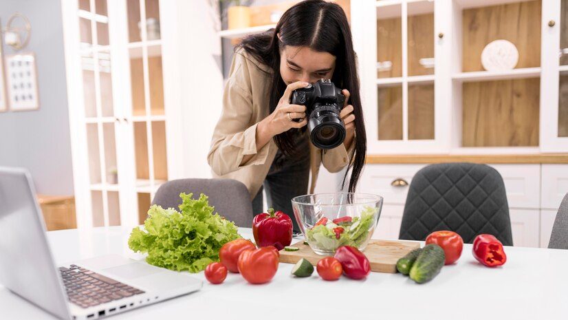 Woman Photographing Vegetables with Professional Camera in Kitchen Setup