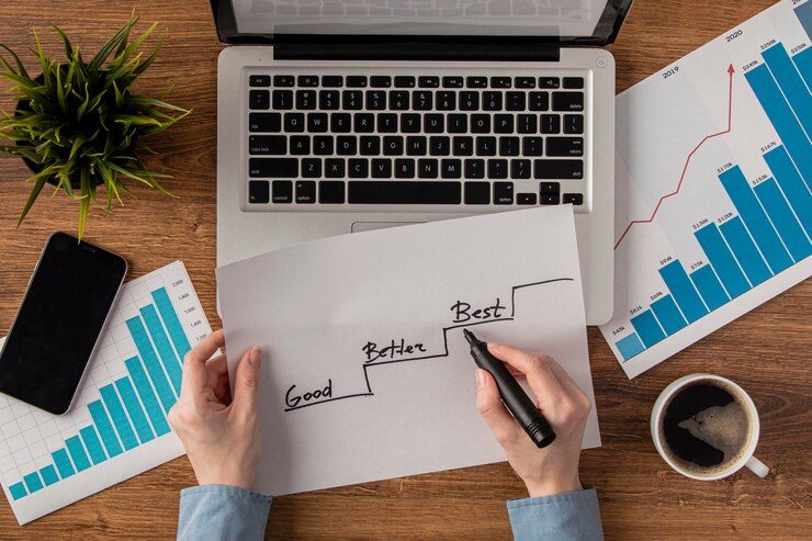 A person in front of a laptop displaying a graph with labels such as "Good," "Better," and "Best," along with other charts illustrating ad campaign success, highlighting common mistakes in optimizing Meta Ads