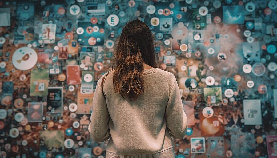 A young woman with her back to the camera, looking at various social media posts displayed in front of her with logos of popular platforms.