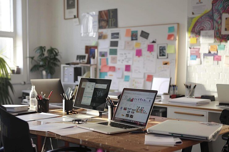 Modern office workspace with laptops displaying SEO analytics, representing digital strategies and SEO optimization for Google's new crawler.