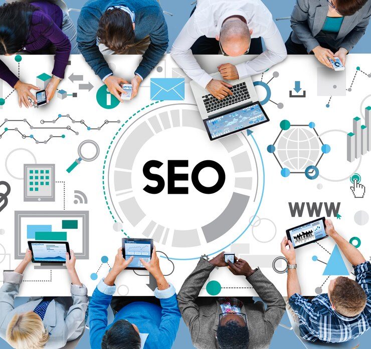 Team of professionals working on SEO strategies, focusing on optimizing websites for Google's new crawler and improving search rankings.