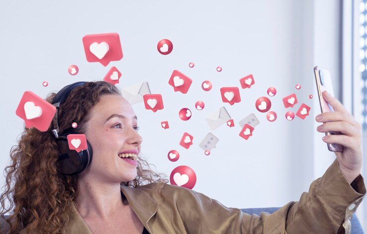 Happy woman engaging with user-generated content on social media, surrounded by likes and shares, emphasizing the power of UGC in social media management.