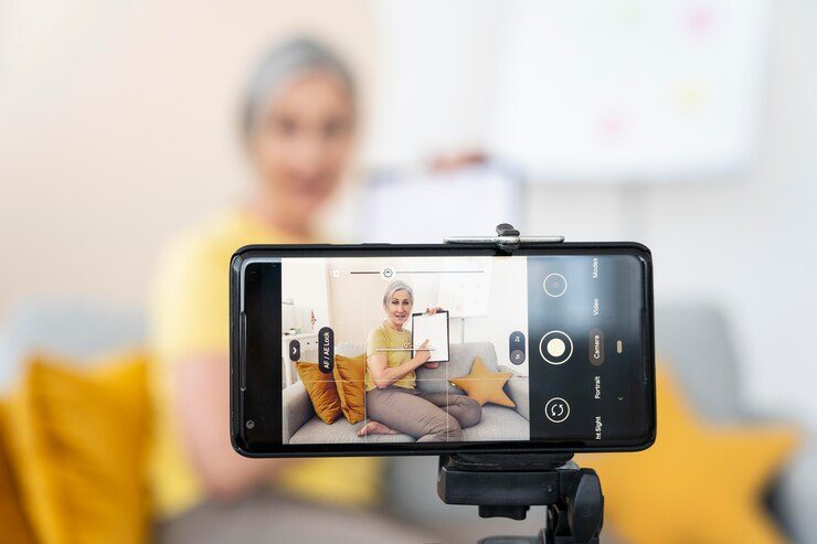 Woman recording video content for social media management on a smartphone, highlighting the importance of content creation in business growth.