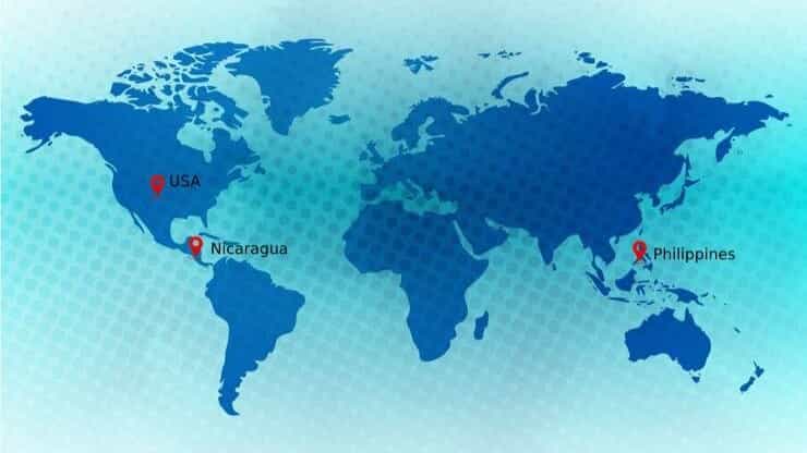 Map showing the geographical location of Nicaragua, the USA, and the Philippines, highlighting outsourcing destinations.