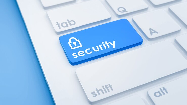 A close-up of a blue keyboard key labeled 'Security,' symbolizing data protection concerns related to DeepSeek AI in digital marketing.