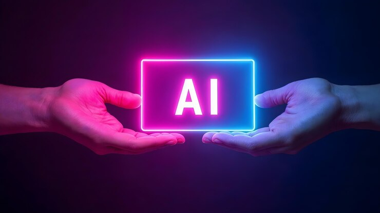 Two hands holding a neon-lit 'AI' sign, representing the role of DeepSeek AI in transforming digital marketing with artificial intelligence.
