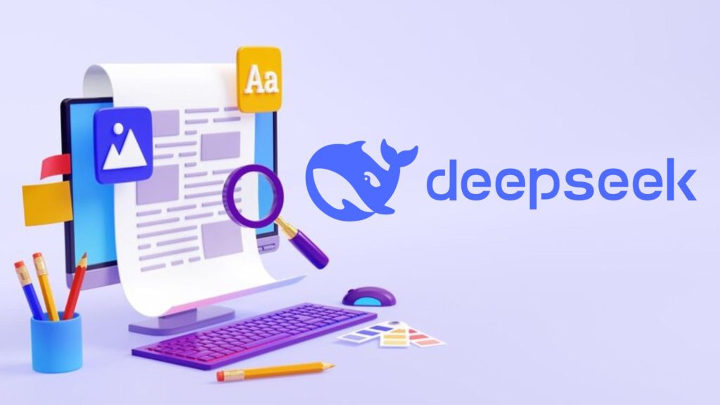 DeepSeek AI branding with a digital content creation concept, showcasing how AI automates SEO-optimized content generation for marketers.
