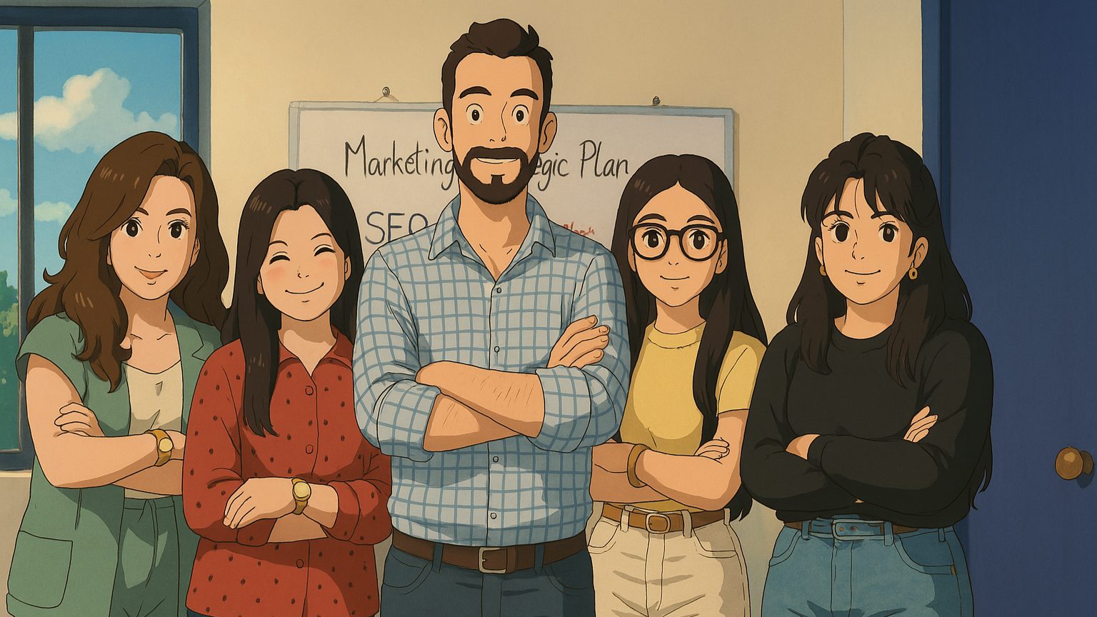 Studio Ghibli-style image of a team created using ChatGPT image generation