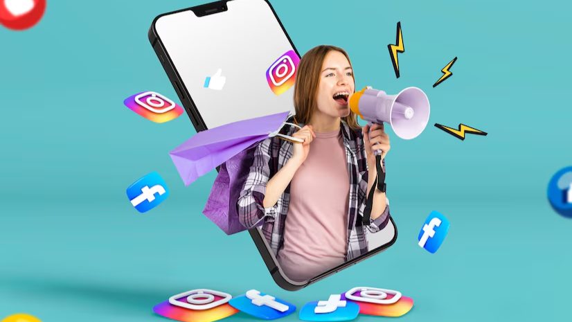 Young woman promoting business using Instagram 2025 updates with social media icons