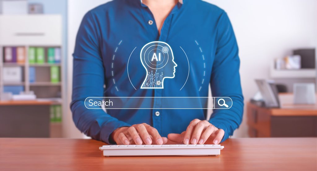 Businessperson using AI search interface to improve website visibility