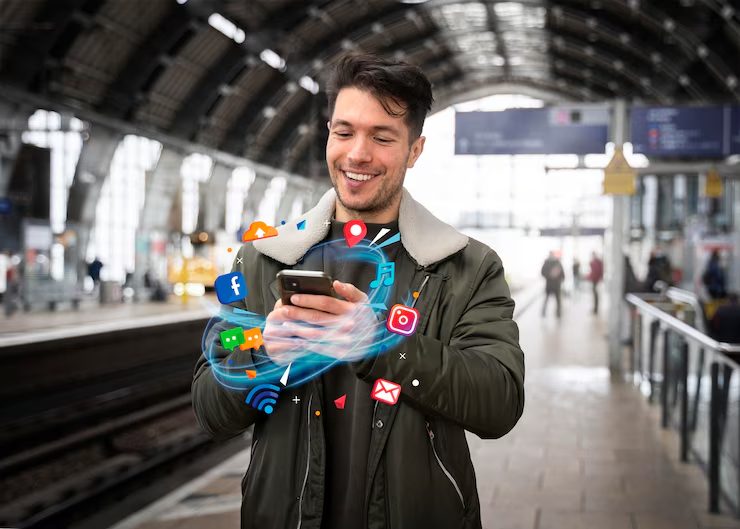 Man Walking and Checking Phone with Social Media Icons (Facebook, Instagram, Maps, Email)