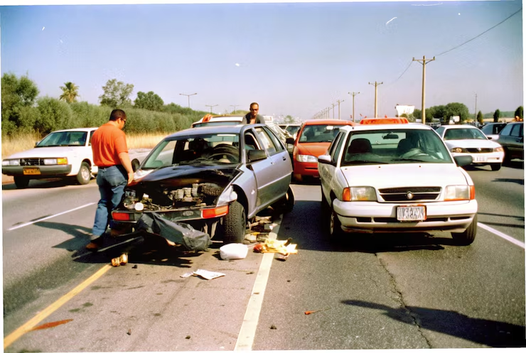 Two cars colliding in a traffic accident with visible damage and debris on the road