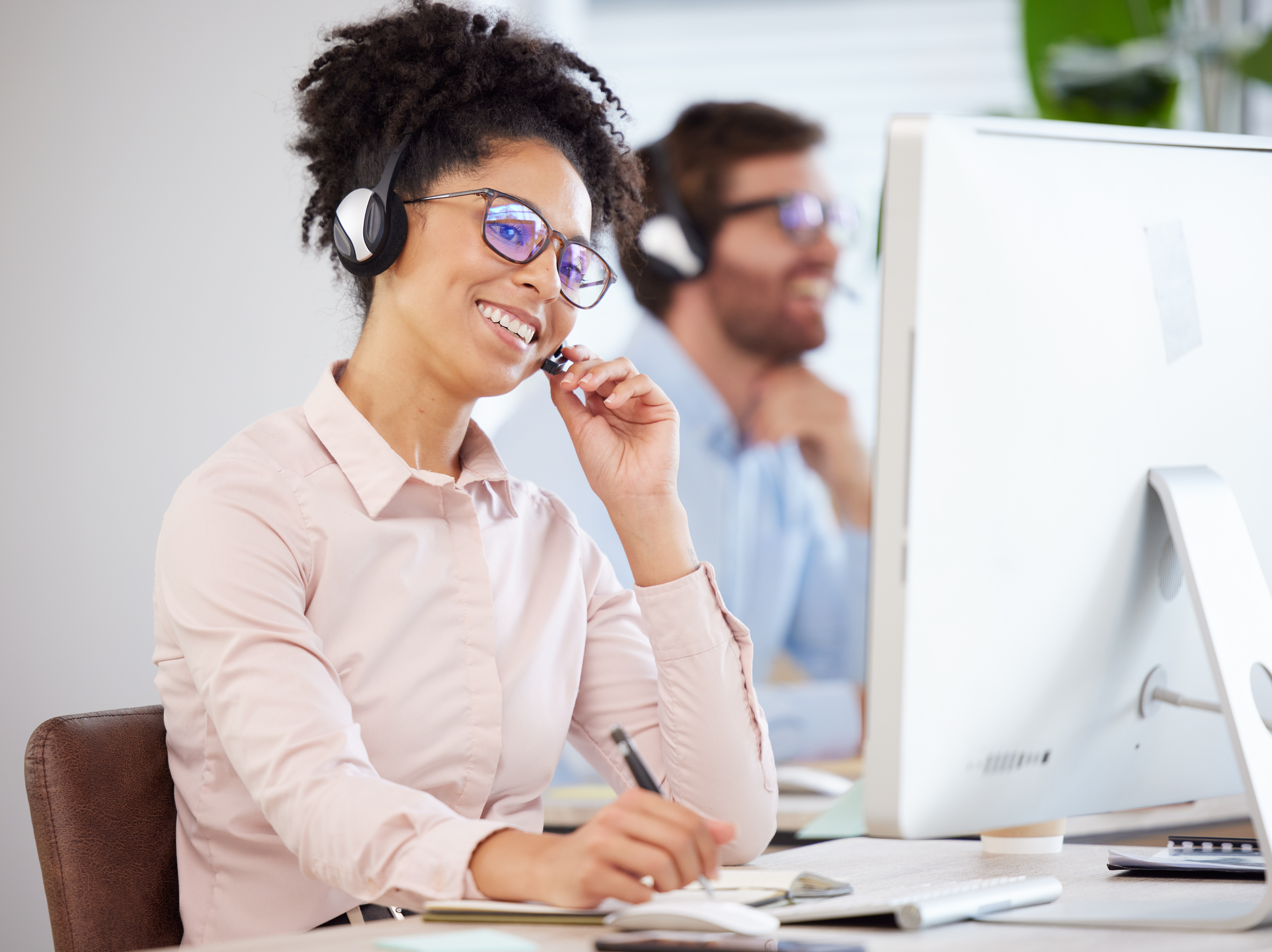 Call center, black woman and customer service on computer, consulting agency and contact us, help a